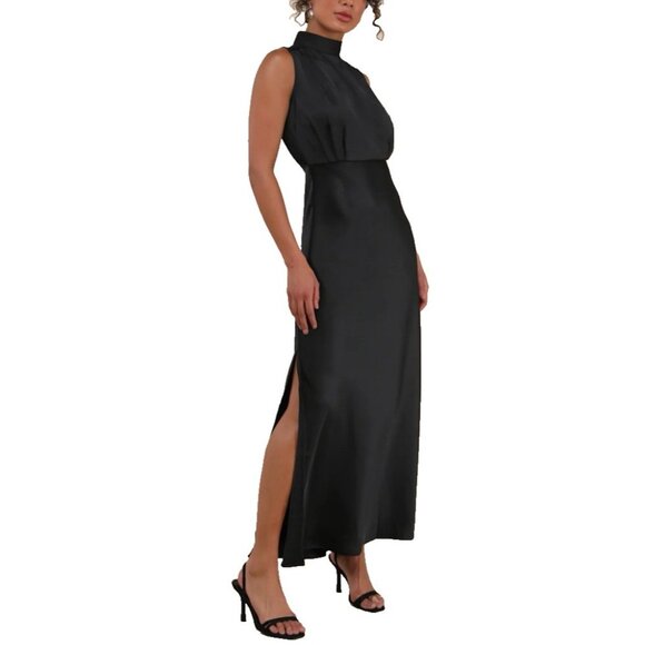 Lulus Maxi Long Dress Large Black Satin Mock Neck A Line Sleeveless NEW - Picture 8 of 12